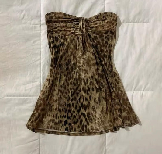 Y2K Leopard Print Strapless Mesh Top