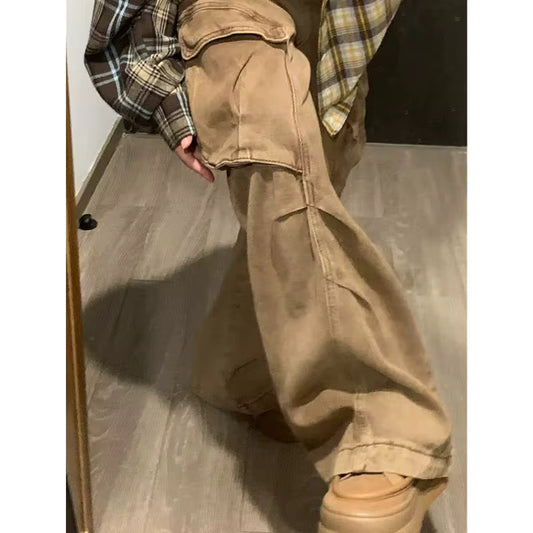 Women's Retro Wide Leg Baggy Casual Denim Trouser Harajuku Washed High Waist Loose Jeans 2024 Autumn Khaki 2000s Pants