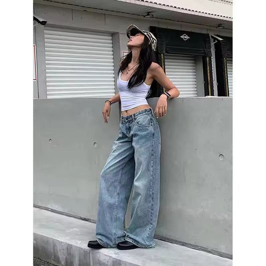 Y2k Vintage High Waisted Blue Washed and Distressed Jeans Fashion Harajuku Baggy Straight Pants Casual Classic Trousers Autumn